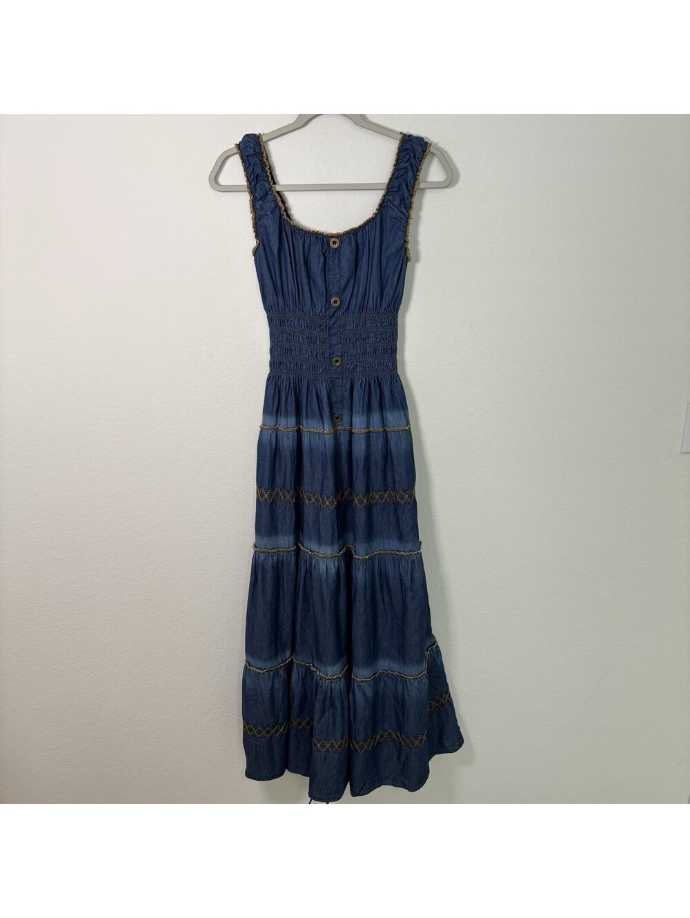 Lapis Anthropologie Tiered Denim Maxi Dress Size M Boho Western Cottage Core EUC